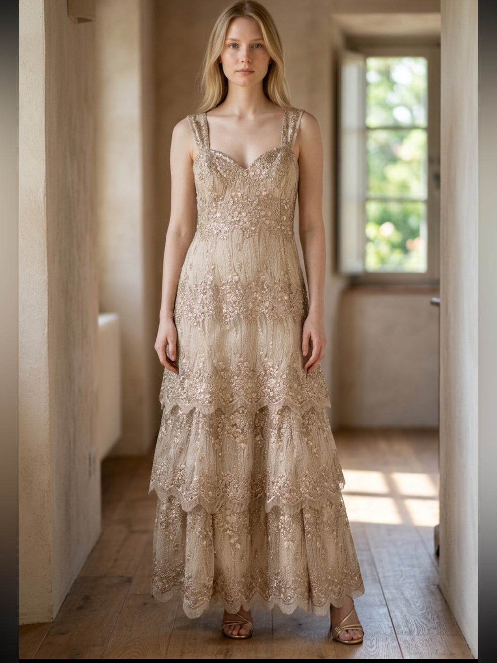 Montage by Mon Cheri Gold Beaded Lace Tiered Evening Dress
